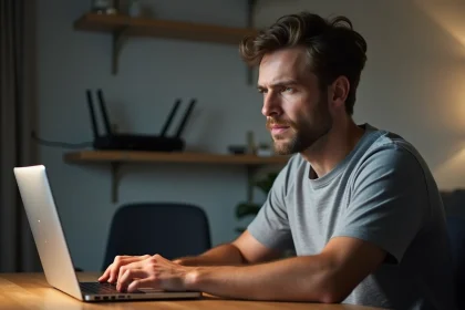 Homme accédant à l'interface d'administration du routeur via l'adresse IP 192.168.1.1 sur un ordinateur portable dans un bureau à domicile