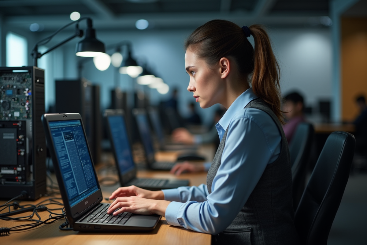 Jeune femme administrant un ordinateur dans un espace tech
