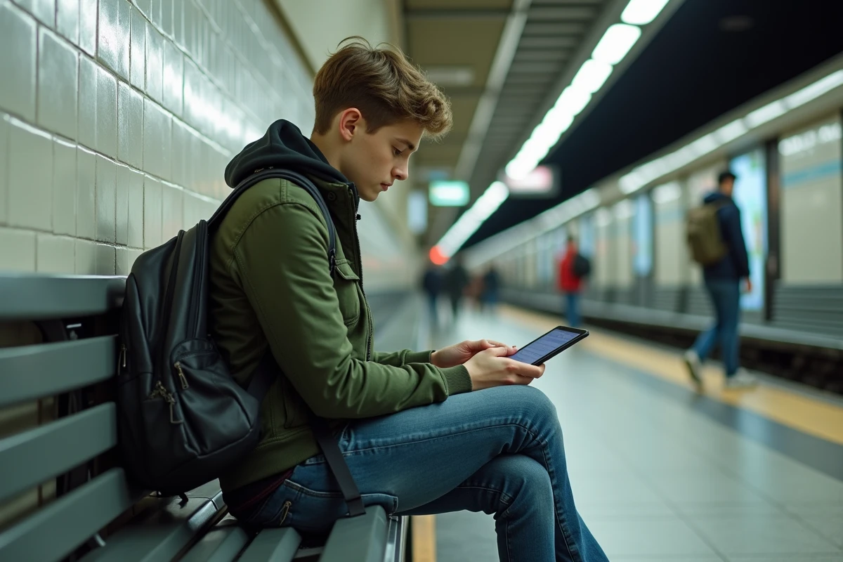 Adolescent lisant du contenu téléchargé hors ligne sur tablette dans une station de métro