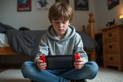 Adolescent frustré tenant une Nintendo Switch avec l'application Roblox bloquée dans sa chambre