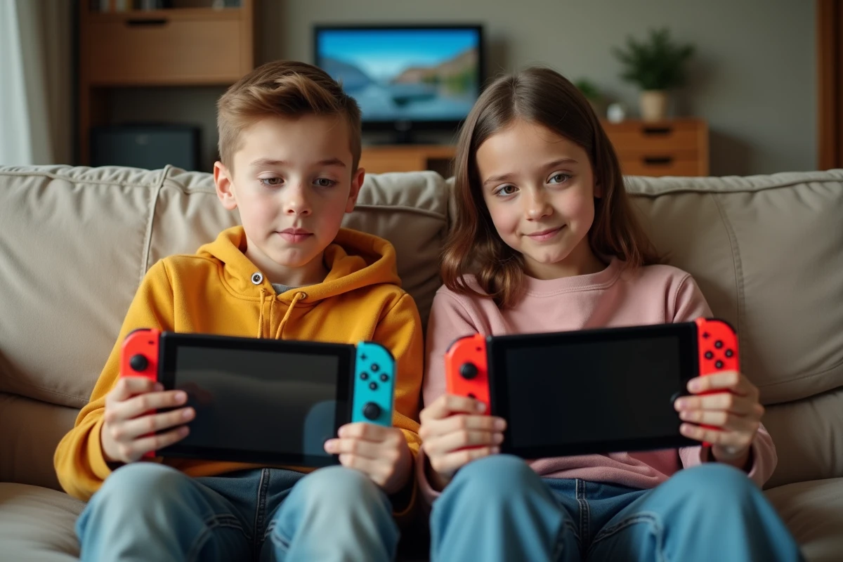 Deux adolescents essayant de résoudre un problème de Roblox sur Nintendo Switch en mode portable
