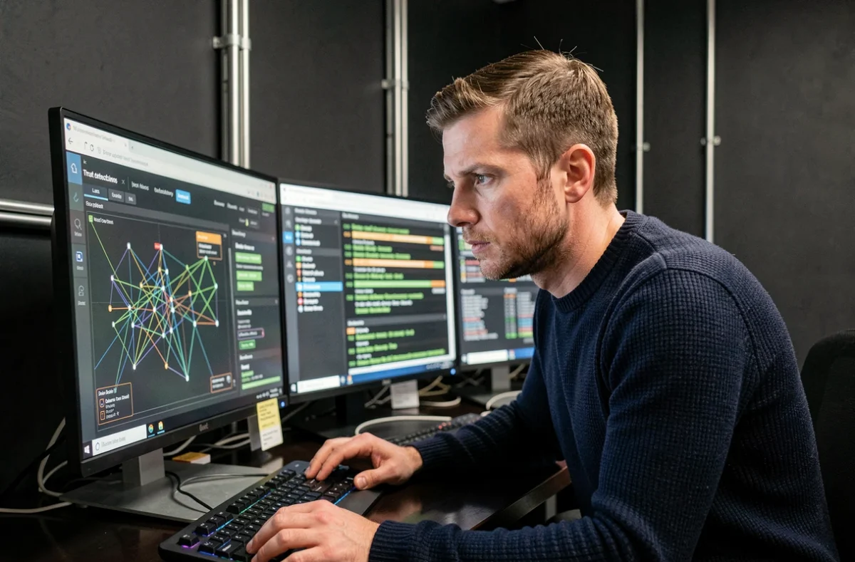 Analyste en cybersécurité concentré devant plusieurs écrans de surveillance dans un centre opérationnel de sécurité, illustrant l'expertise d'Advens dans le Nord