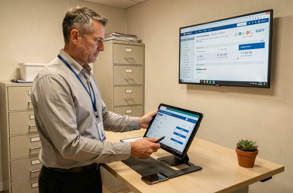 Agent municipal consultant le portail connect.e-mrs.fr sur une tablette dans un espace de back-office administratif