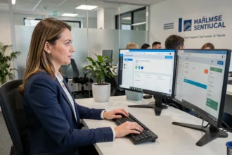 Agente administrative connectée à la plateforme connect.e-mrs.fr sur un poste de travail moderne dans un bureau de services publics en 2026