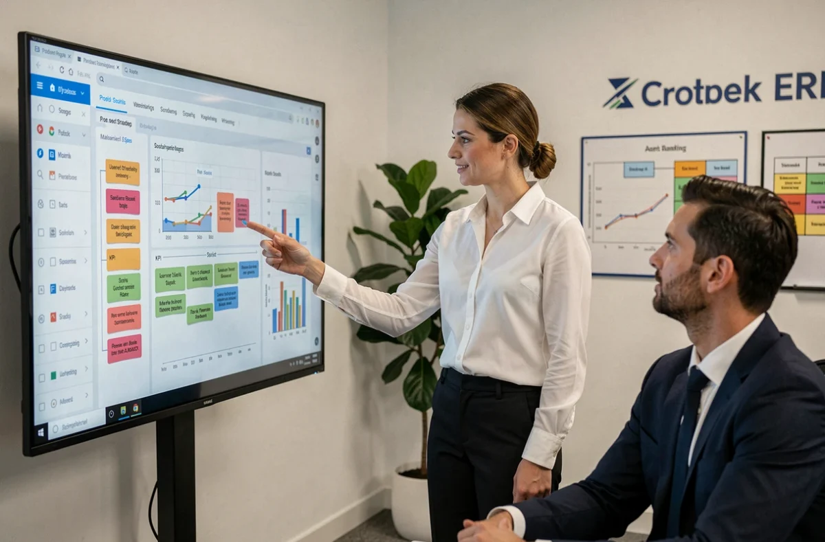 Stratège produit Andromaque présentant une roadmap de développement et stratégie produit dans un bureau moderne