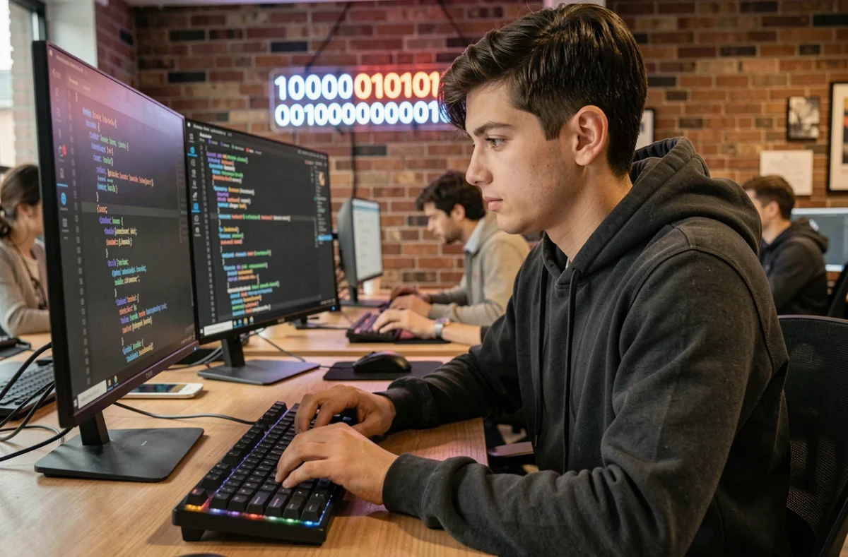 Développeur web de l'agence AODB codant en JavaScript dans un bureau d'agence digitale