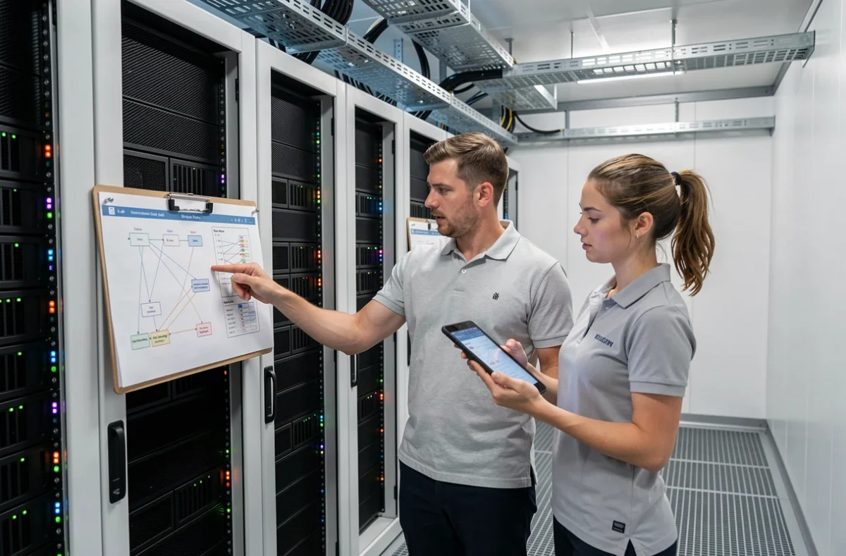 Ingénieurs informatiques d'Apside examinant des schémas techniques devant des racks de serveurs dans une salle des machines professionnelle