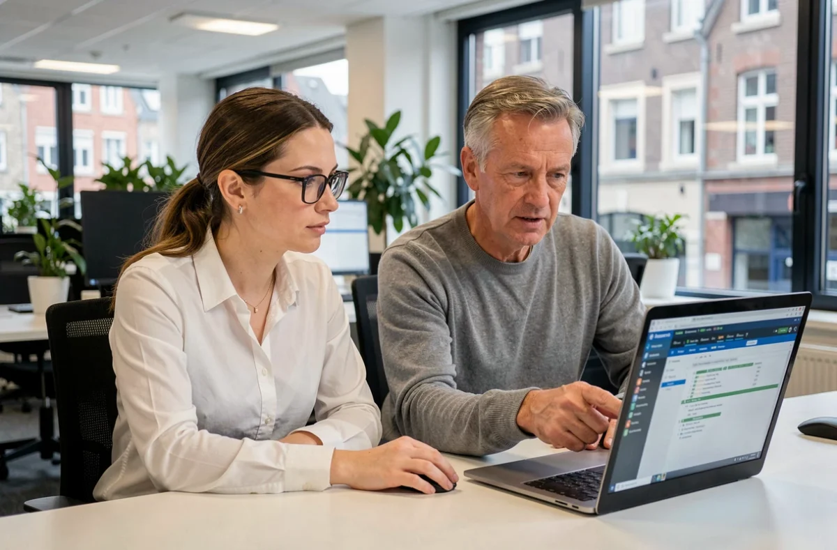 Technicienne en dépannage informatique assistant un client devant un ordinateur portable dans un bureau à Angers