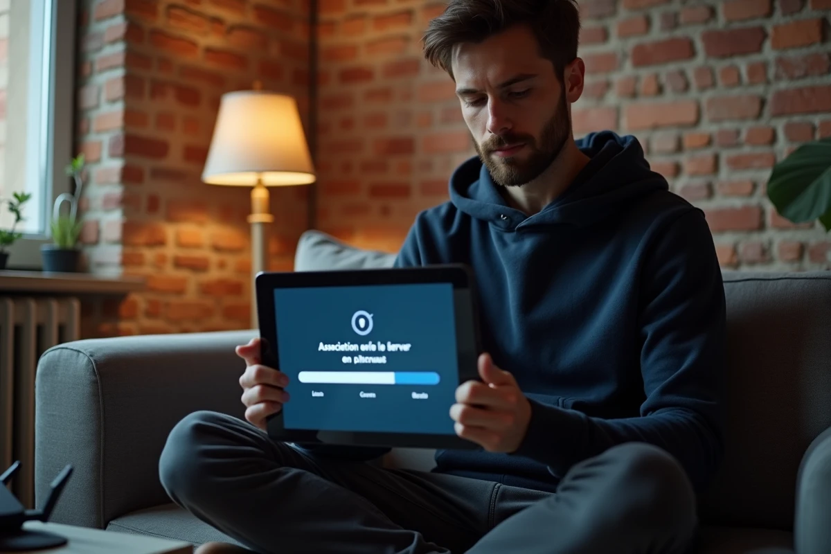 Jeune homme consultant un diagnostic d'association serveur Freebox sur tablette dans un appartement moderne