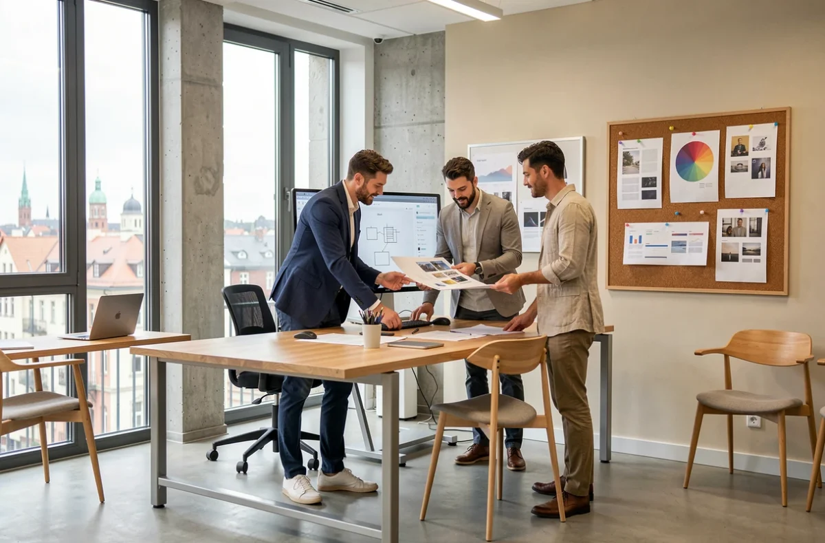 Équipe de solutions numériques Azinove travaillant sur des maquettes UI dans un bureau de Strasbourg