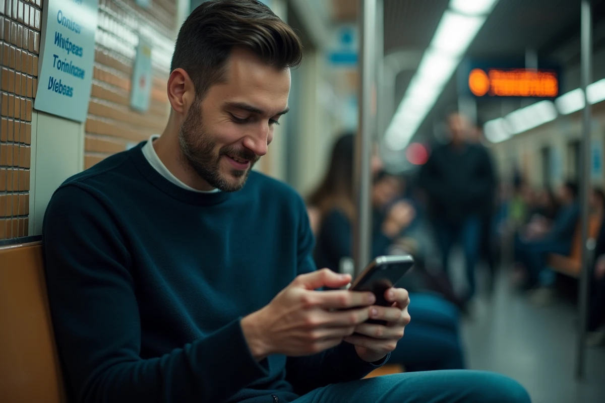 Homme basculant entre deux profils Instagram sur son téléphone dans le métro