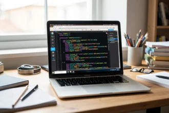 Bureau de développeur avec un ordinateur portable affichant du code