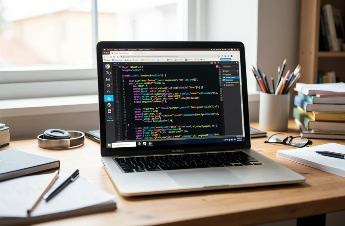 Bureau de développeur avec un ordinateur portable affichant du code