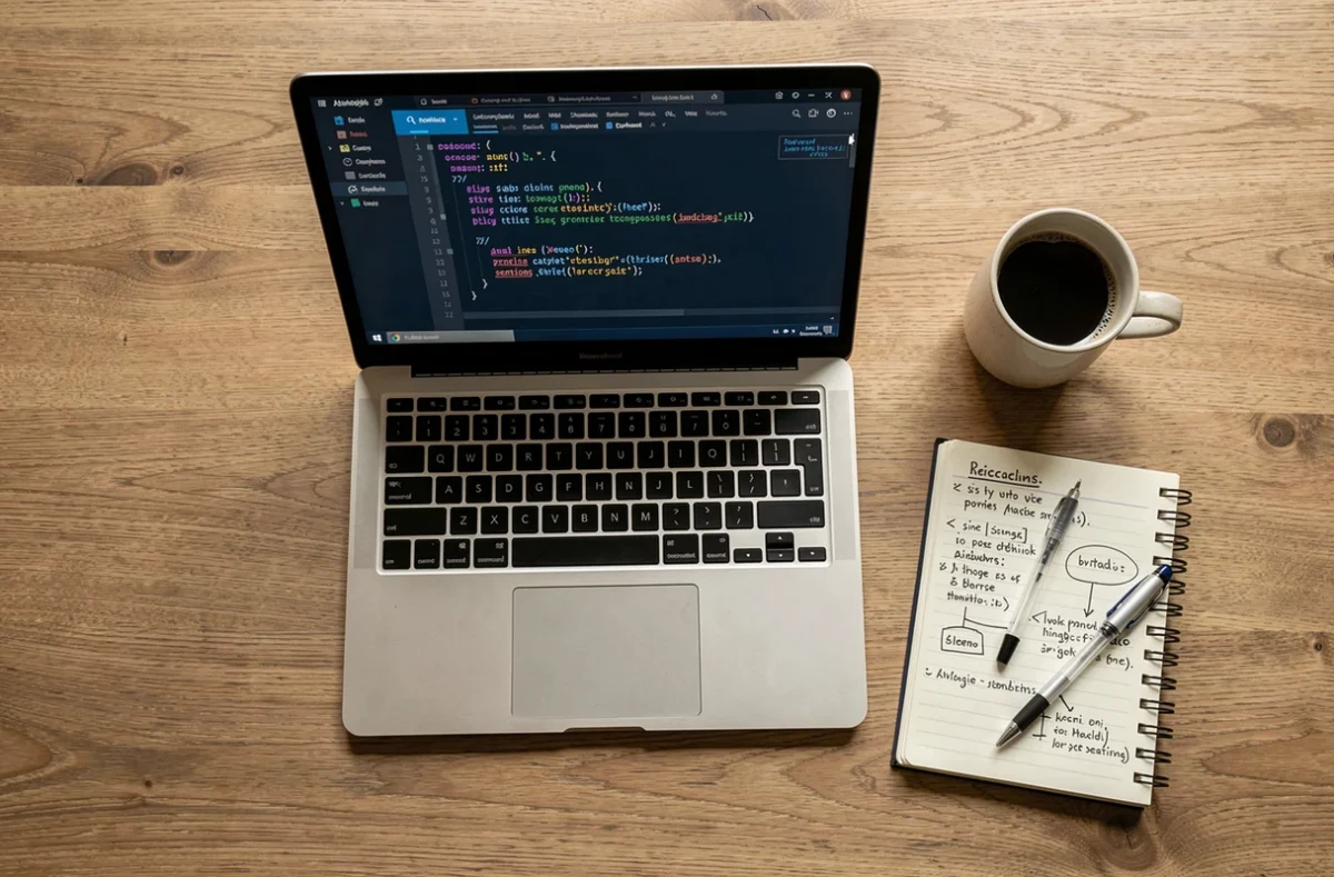 Vue aérienne d'un bureau avec un laptop affichant du code Python pour parser du XML et un carnet de notes manuscrites