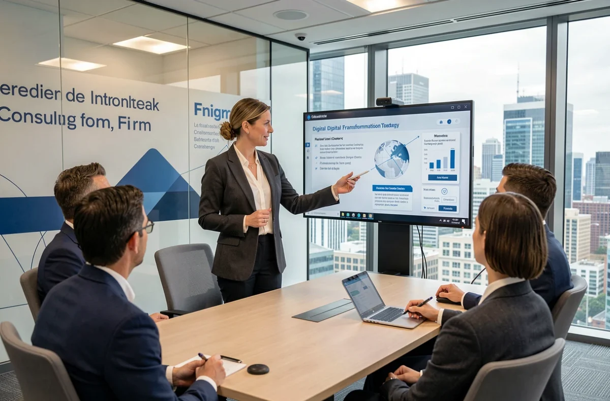 Consultante de Capgemini présentant une stratégie de transformation numérique à une équipe dans une salle de réunion moderne d'une grande entreprise internationale