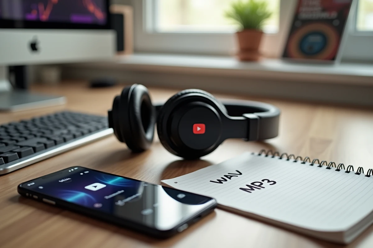 Casque audio professionnel posé sur un bureau avec notes manuscrites sur les formats WAV et smartphone affichant YouTube