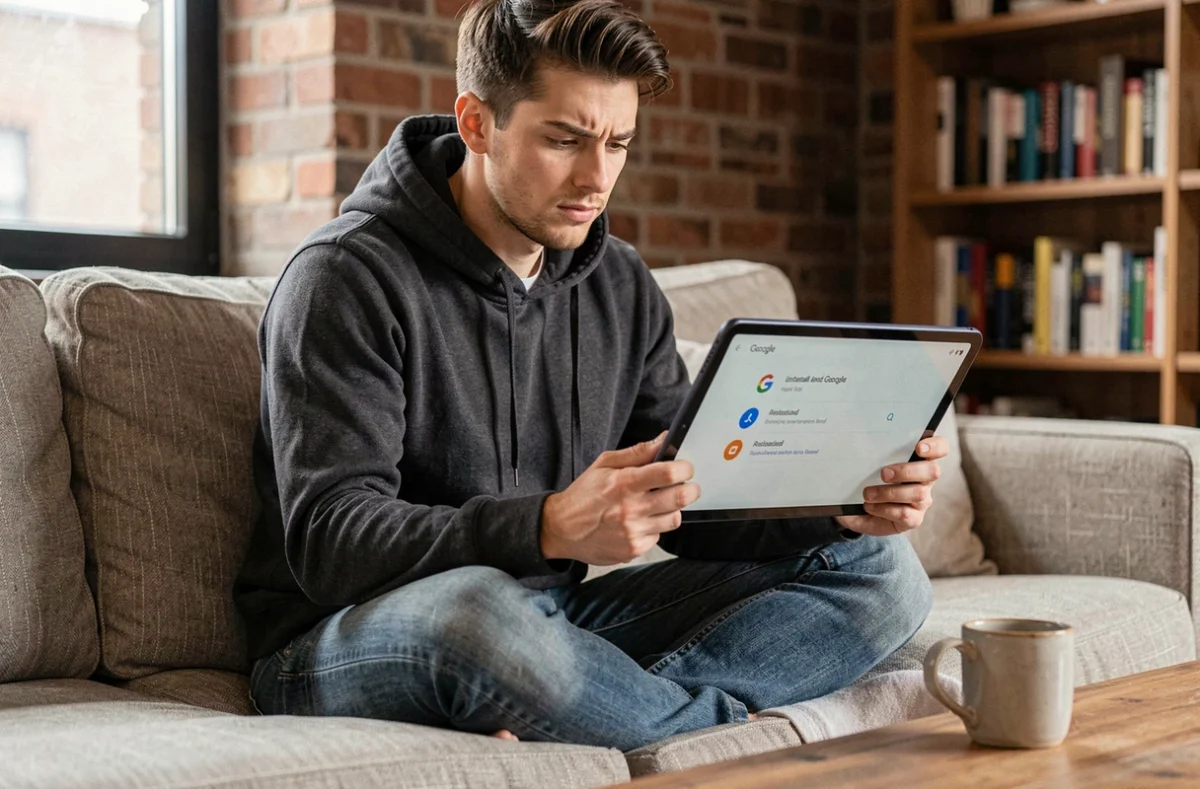 Jeune homme hésitant entre mise à jour et réinstallation de l'application Google sur une tablette dans un salon cosy
