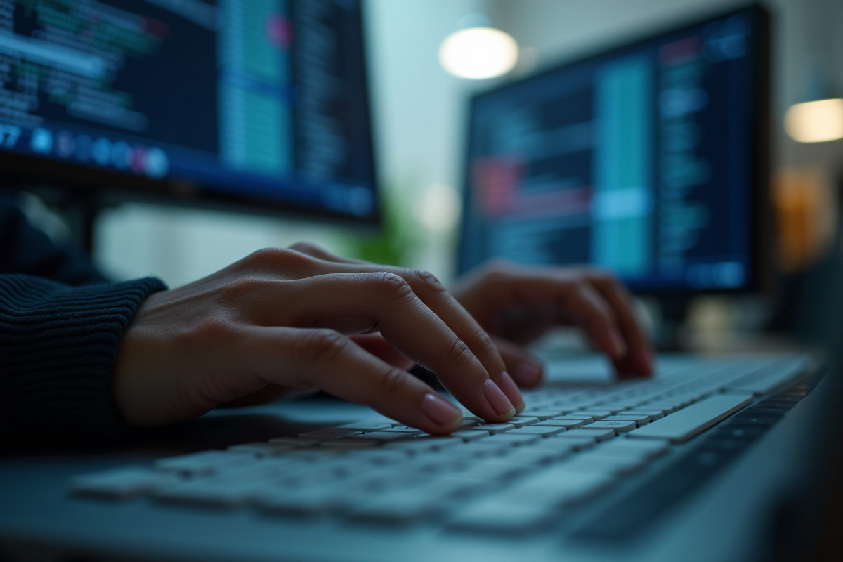 Personne tapant sur un clavier avec un écran montrant l