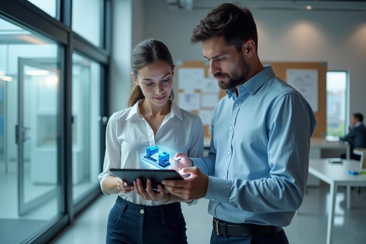 Deux ingénieurs collaborant sur un prototype de composant miniaturisé en bureau de R&D