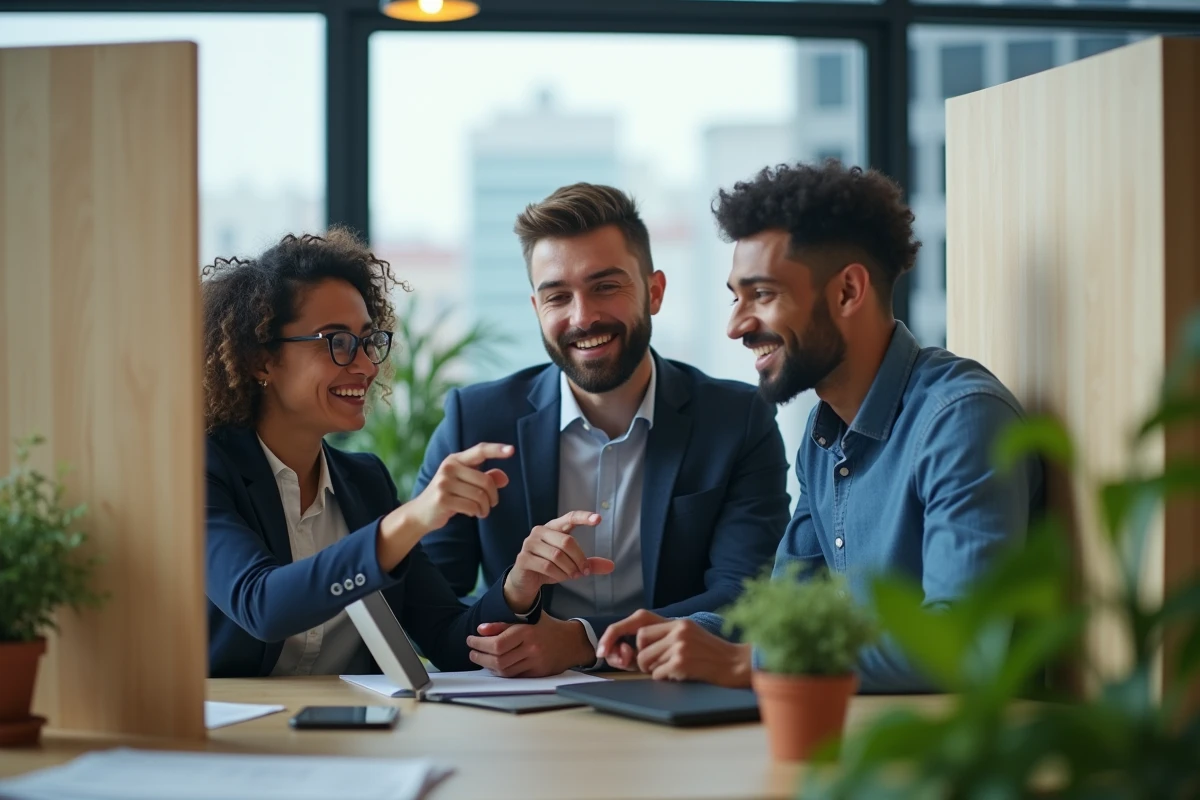 Groupe de collègues discutant des retours d'anciens utilisateurs d'une plateforme numérique dans un open space
