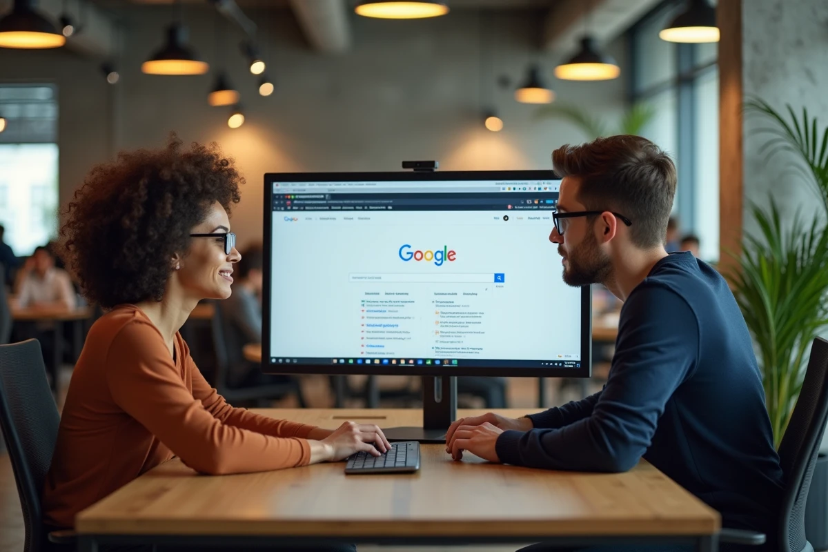 Deux collègues consultant Google USA sur un grand écran dans un espace de coworking moderne