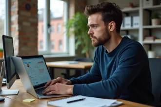 Homme comparant deux solutions numériques sur des ordinateurs portables dans un bureau moderne, illustrant le choix entre Geekob et les outils classiques