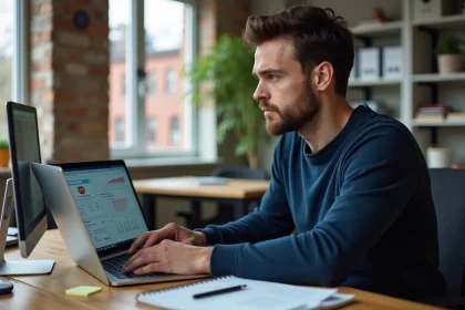Homme comparant deux solutions numériques sur des ordinateurs portables dans un bureau moderne, illustrant le choix entre Geekob et les outils classiques