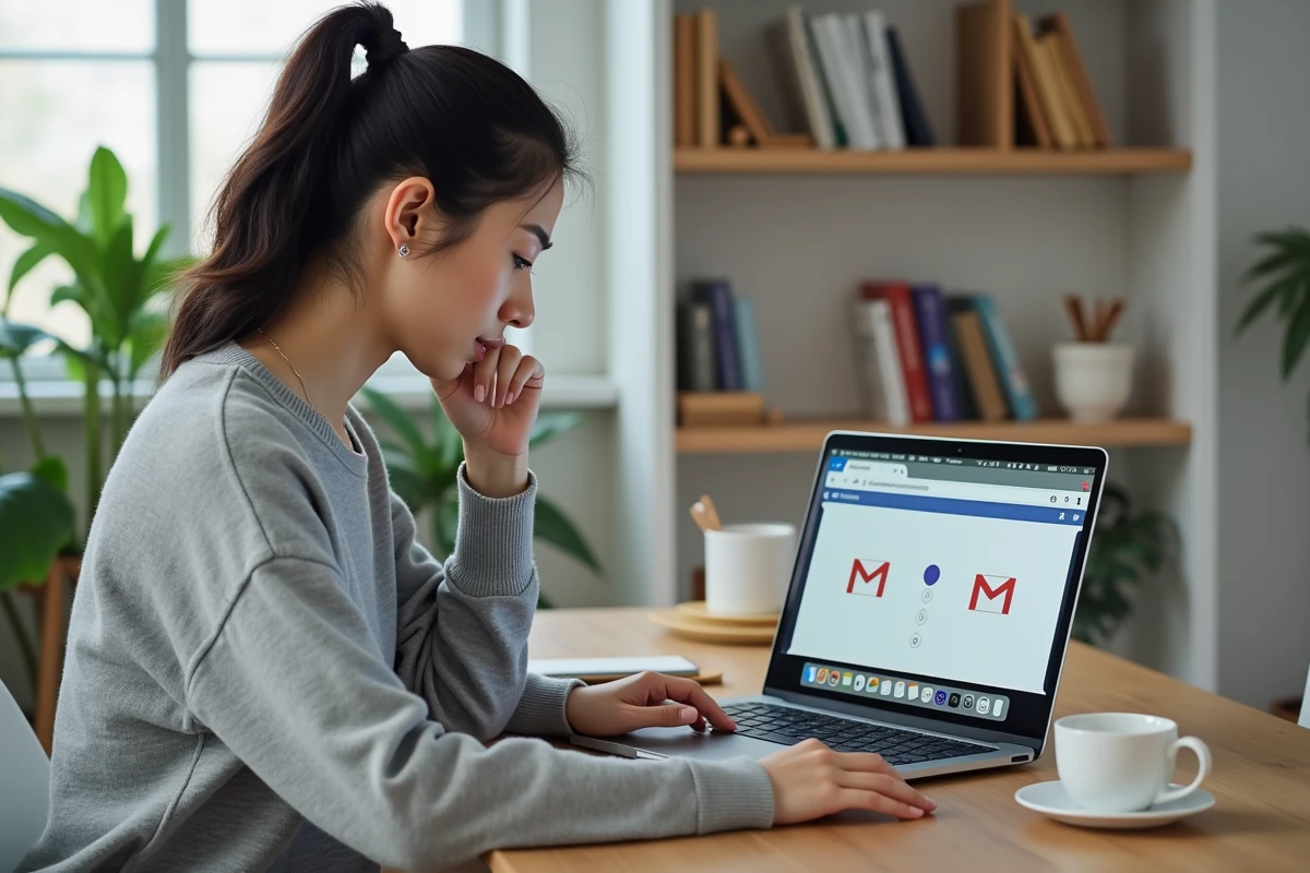 Femme comparant les interfaces Gmail et Yahoo Mail sur un MacBook dans un bureau à domicile