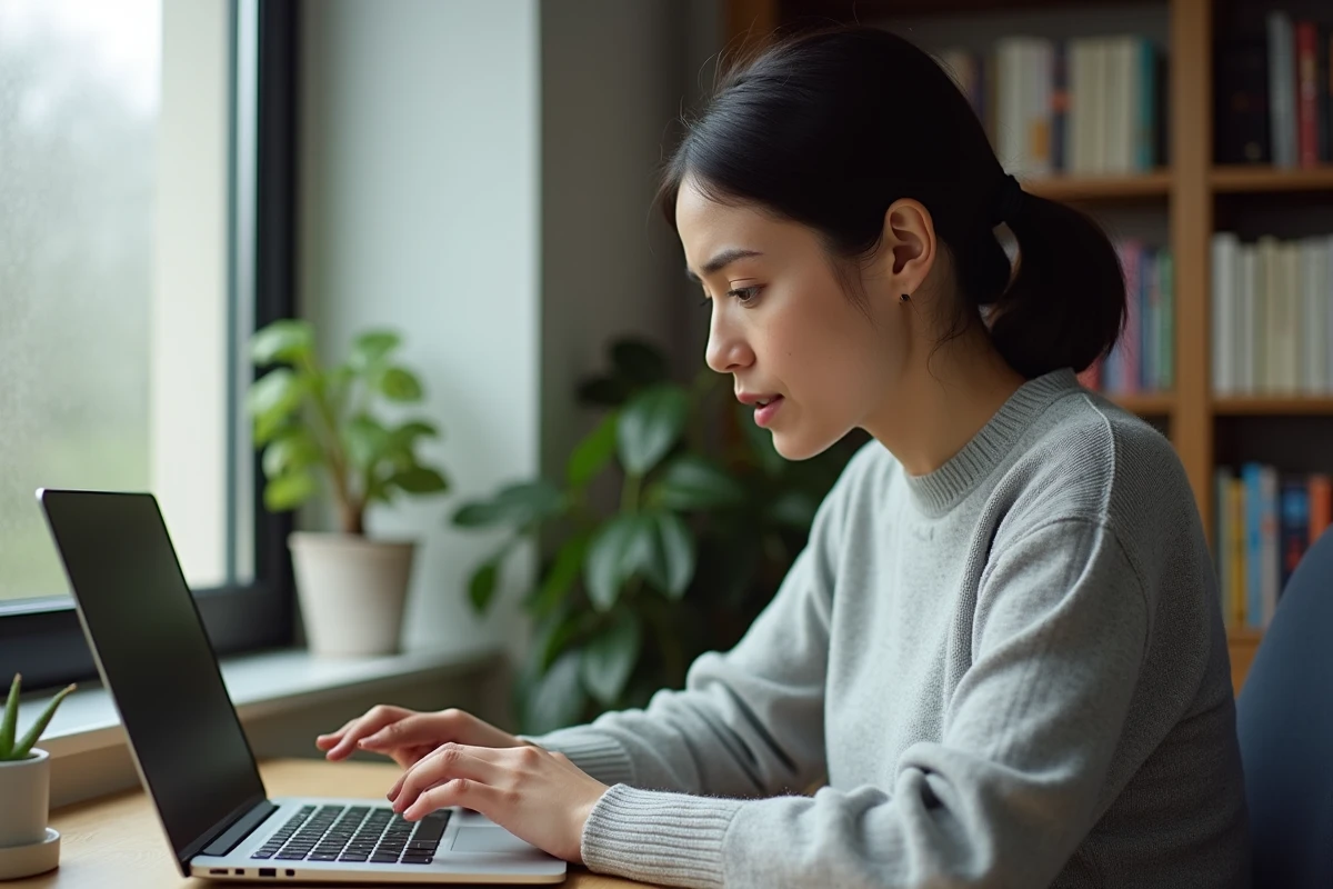 Femme consultant ses emails sur un ordinateur portable dans un bureau à domicile, illustrant la confidentialité des données de messagerie web