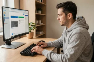 Homme configurant un clavier QZERTY sur Windows 11 dans un bureau à domicile moderne
