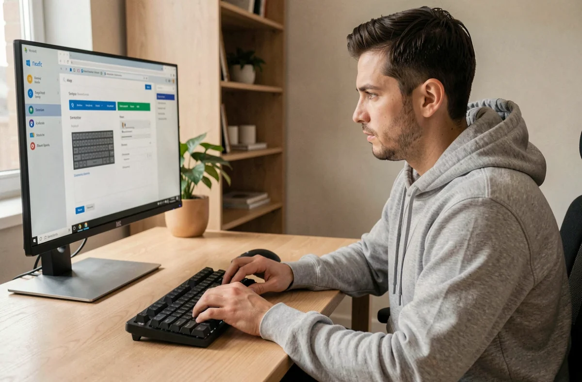 Homme configurant un clavier QZERTY sur Windows 11 dans un bureau à domicile moderne