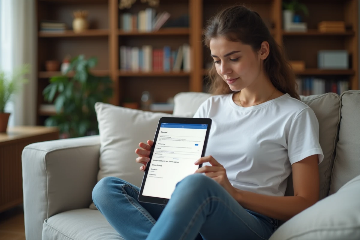 Jeune femme configurant Gmail avec les paramètres IMAP IONOS sur une tablette dans un salon
