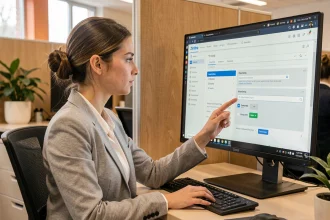 Étudiante en blazer gris configurant les notifications Zimbra sur un écran d'ordinateur dans un bureau universitaire moderne