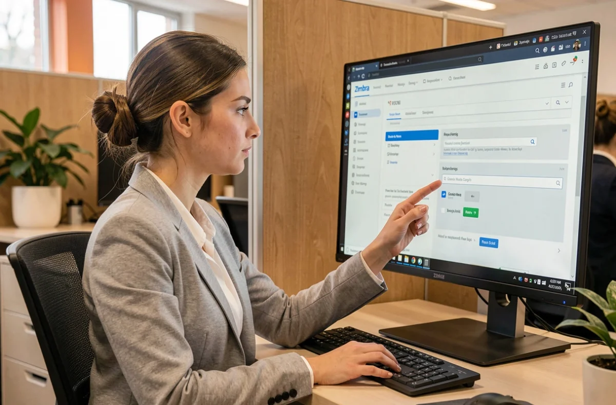 Étudiante en blazer gris configurant les notifications Zimbra sur un écran d'ordinateur dans un bureau universitaire moderne