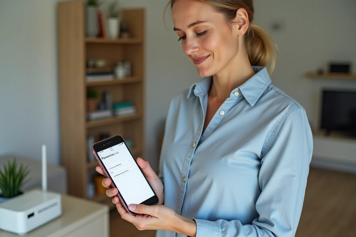 Femme consultant l'interface de configuration du routeur domestique depuis un smartphone affichant l'adresse 192.168.1.1 dans un salon moderne