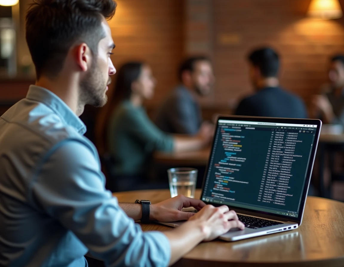 Homme configurant un serveur de jeu en ligne via un terminal dans un café, paramètres de liste CFX visibles à l'écran