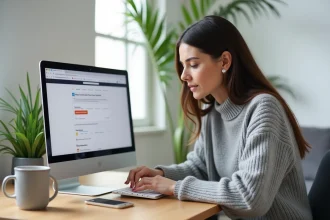 Femme configurant le webmail IONOS sur un ordinateur portable dans un bureau à domicile
