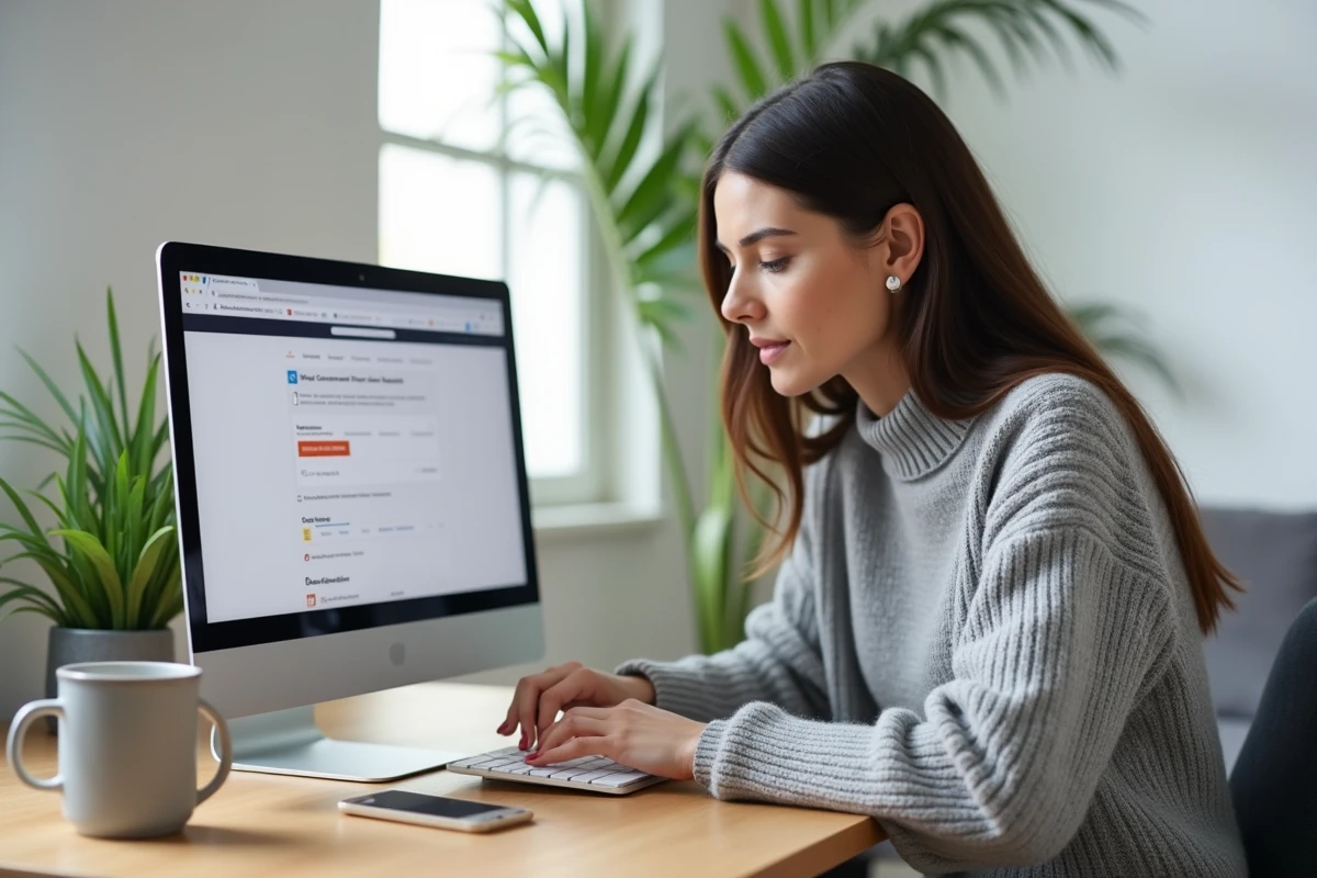 Femme configurant le webmail IONOS sur un ordinateur portable dans un bureau à domicile