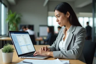 Femme professionnelle consultant ses documents RH sur le portail Arkevia depuis son ordinateur portable au bureau
