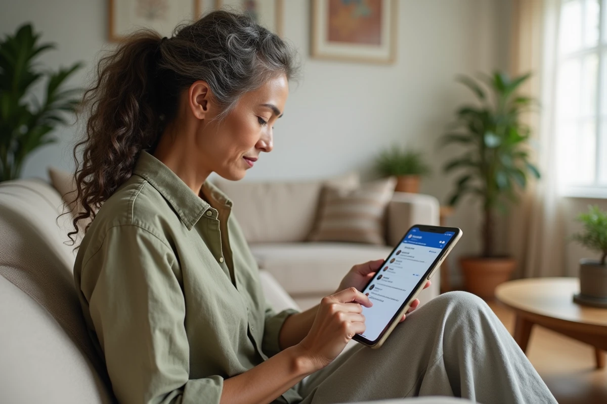 Femme d'âge moyen consultant ses contacts Messenger sur une tablette dans un salon contemporain