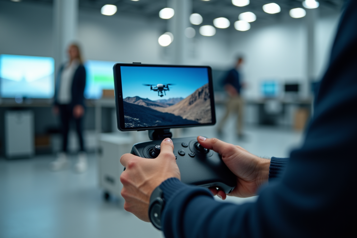 Mains d’un pilote manipulant un contrôleur de drone avec écrans