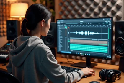 Femme en studio home audio ajustant des paramètres de conversion WAV sur un logiciel de montage musical professionnel