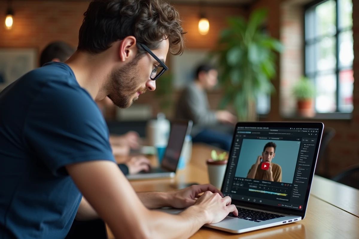 Homme avec lunettes utilisant un convertisseur audio YouTube vers WAV sur laptop dans un espace de coworking moderne