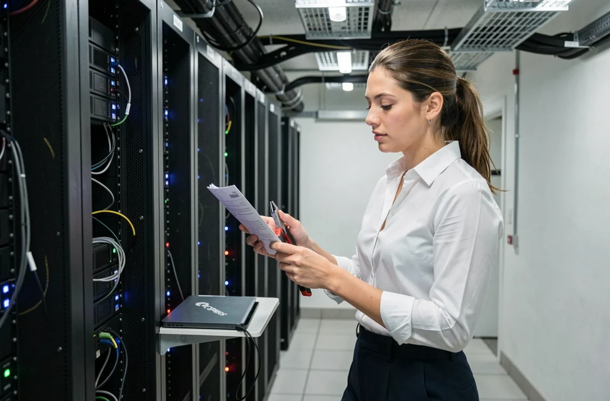 Technicienne de Copeps inspectant un rack serveur dans une salle technique professionnelle