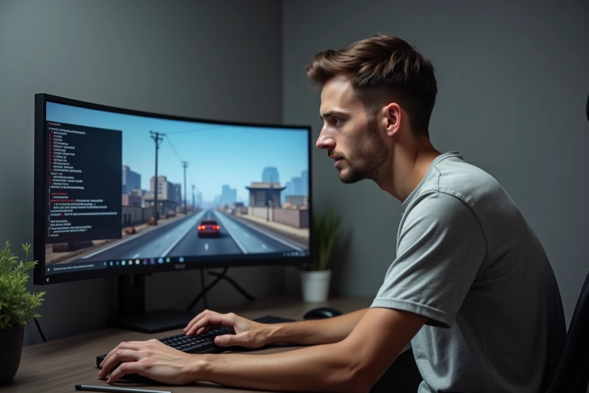 Joueur en train de corriger les crashs et les lags sur un serveur GTA 5 RP via une console de commande FiveM