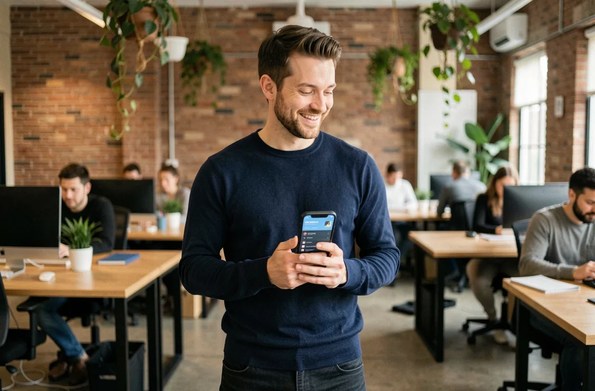 Créateur de contenu masculin utilisant une plateforme de monétisation sur smartphone dans un espace de coworking moderne