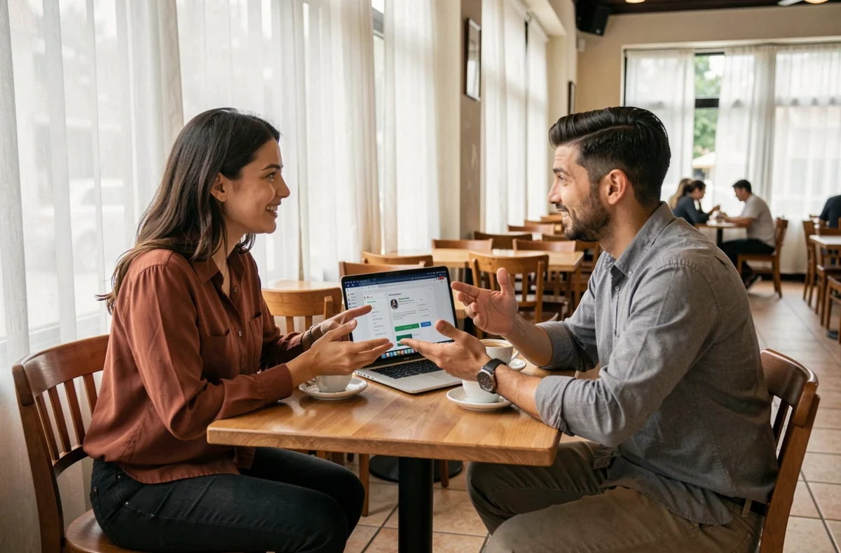 Deux créateurs de contenu discutant d'une stratégie sur la plateforme Beacoms autour d'un ordinateur dans un café