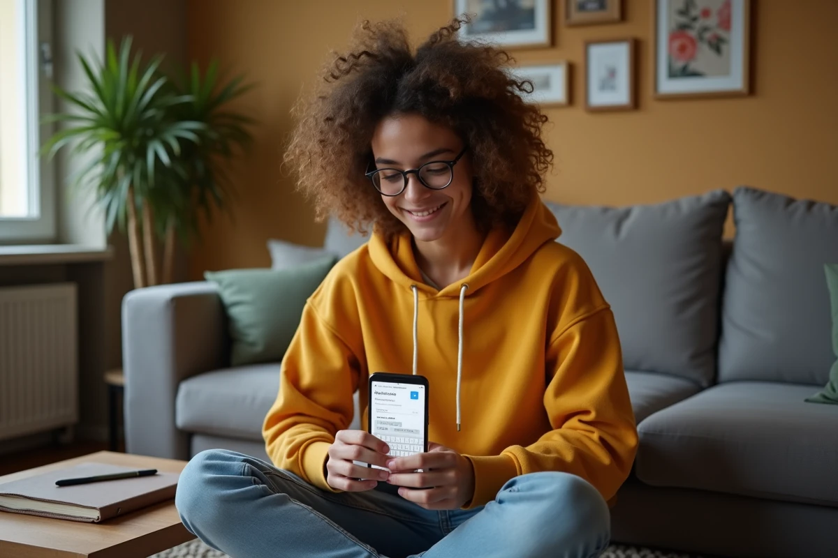 Jeune adulte créant un compte Gmail sur smartphone dans un salon moderne et cosy