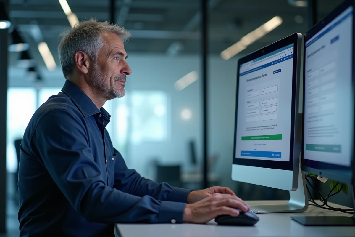 Homme créant un compte Yahoo Mail dans un environnement de bureau professionnel moderne