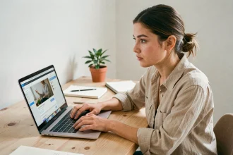 Jeune créatrice de contenu explorant la plateforme Beacoms sur son ordinateur portable dans un bureau minimaliste à domicile